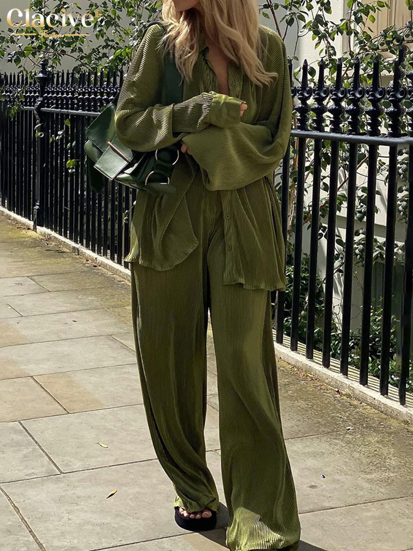 Clacive Elegant Green Pants Set Women Autumn Long Sleeve Blouses Matching Wide Trousers Suit Loose Shirts Two Piece Pant Set 3 Clacive Elegant Green Pants Set Women Autumn Long Sleeve Blouses Matching Wide Trousers Suit Loose Shirts Two Piece Pant Set 3